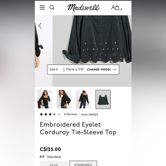 NWT Madewell Embroidered Eyelet Corduroy Tie-Sleeve Top - Picture 15 of 15